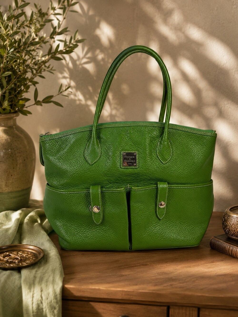 Dooney & Bourke Green Pebbled Leather Tote Bag Large Shoulder Purs